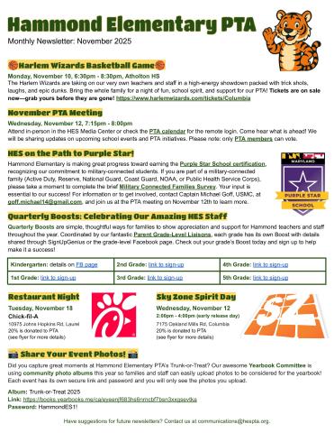 PTA Newsletter - November 3, 2025 page 1